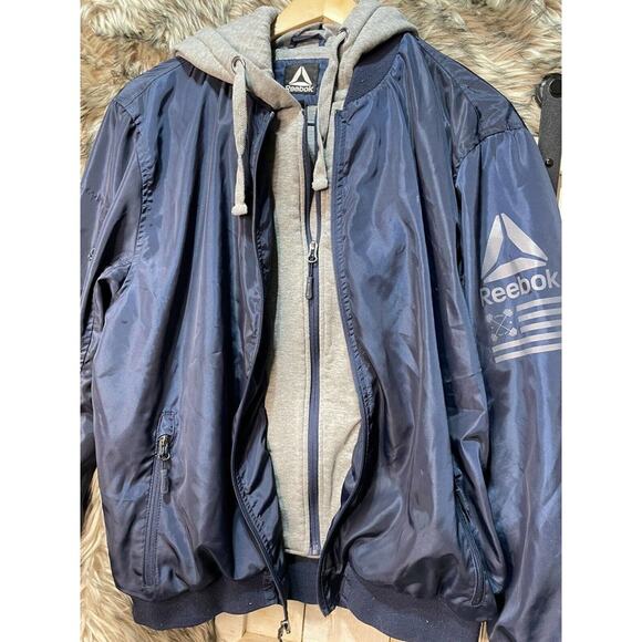 Reebok Navy Blue Fleece Lined Polyester Double Zipper Hooded Jacket / Coat Men L - Picture 4 of 7